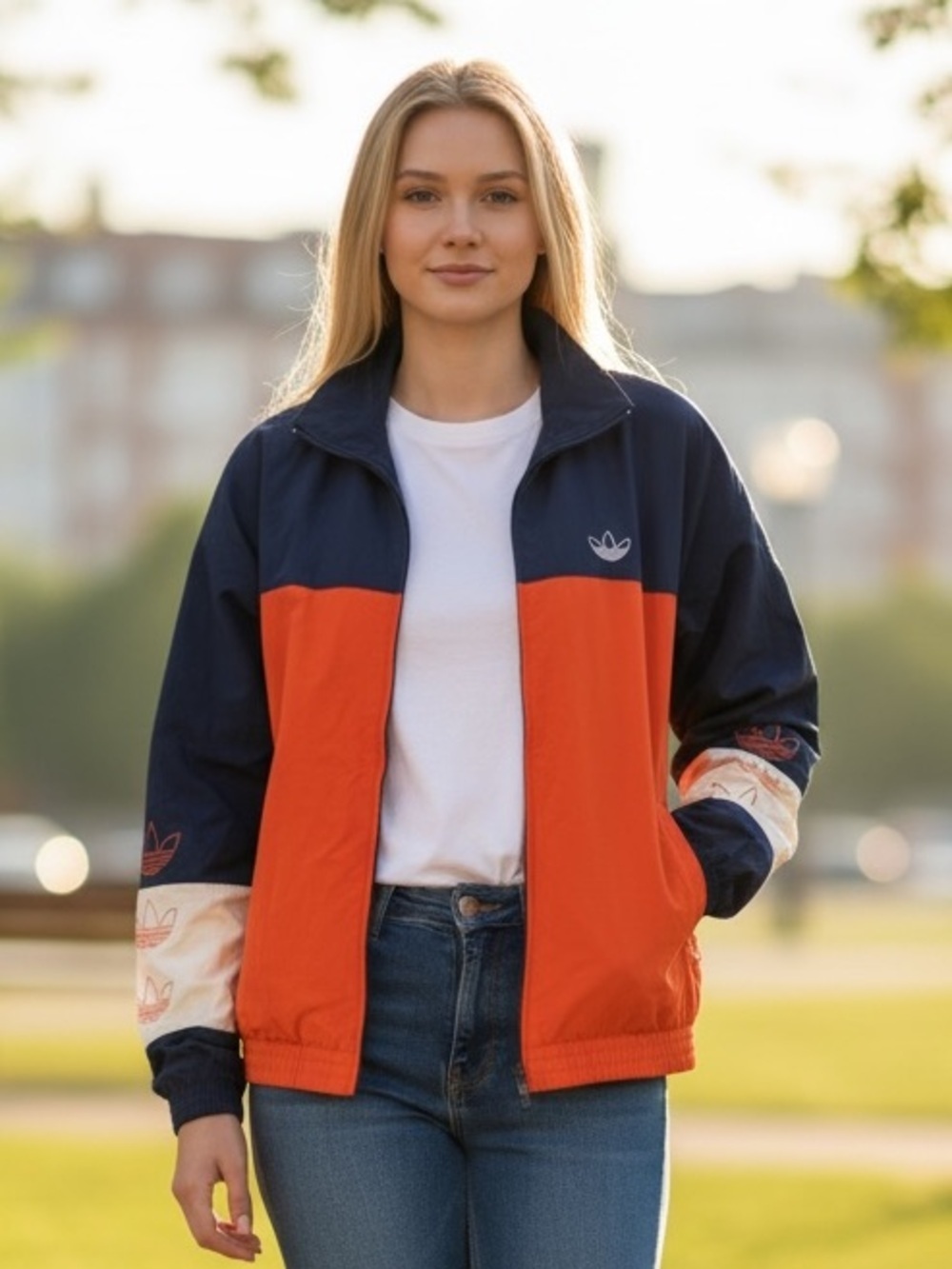 adidas Women's Navy & Orange Colorblock Bomber Jacket